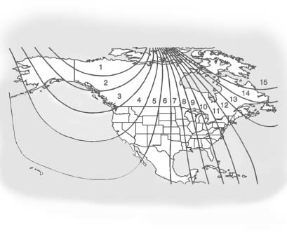 Compass variance zone map used to find the correct zone number for the vehicle location