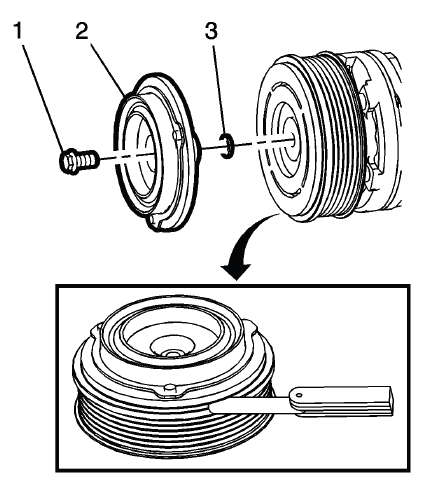 A/C clutch plate, pulley bolt, and shim adjustment points