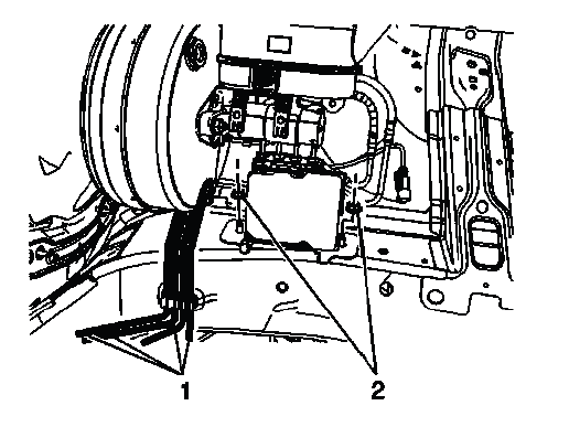 Front and rear brake pipes routed near BPMV frame rail bracket