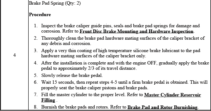 Front disc brake pad installation detail with mounting hardware