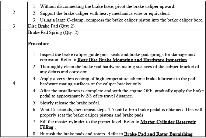 Rear disc brake pad installation reference with hardware layout
