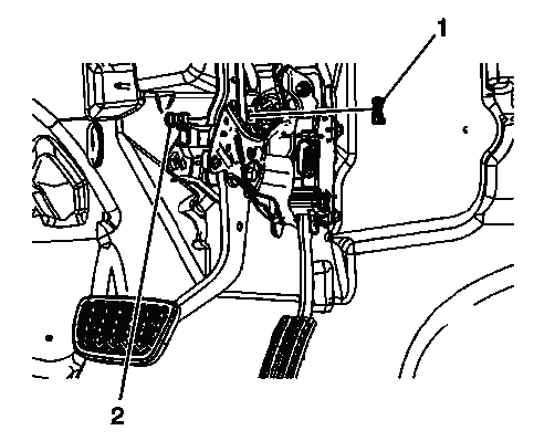 Buick Enclave brake pedal pushrod retaining clip and clevis pin access under instrument panel
