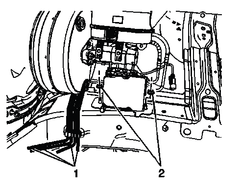 Front and rear brake pipes routed near BPMV assembly mounting studs