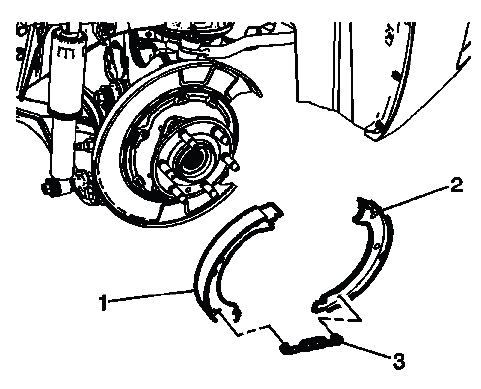 Front and rear parking brake shoes installed with lower retaining spring