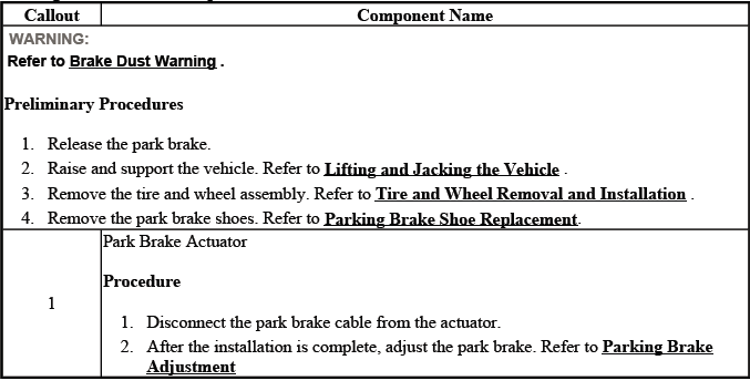 Buick Enclave parking brake actuator replacement service chart