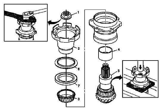 Exploded rear output shaft housing components with seal bearing and flange parts