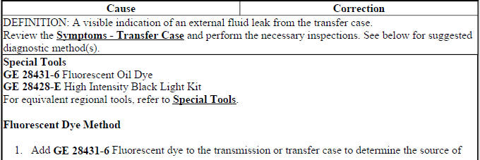 Buick Enclave transfer case leak diagnosis chart