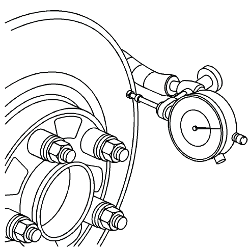 Dial indicator measuring disc brake rotor lateral runout on friction surface