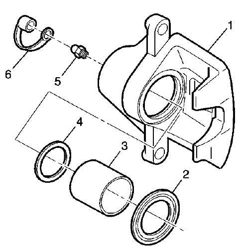 Exploded view of disc brake caliper components and housing