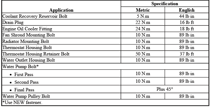 Buick Enclave engine heating and cooling fastener tightening specifications chart