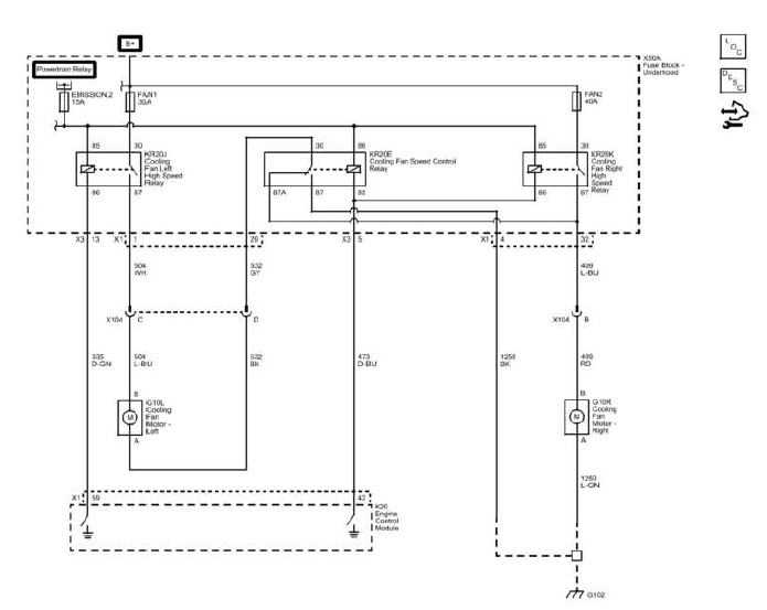 Engine cooling wiring schematic for Buick Enclave fan relay circuits