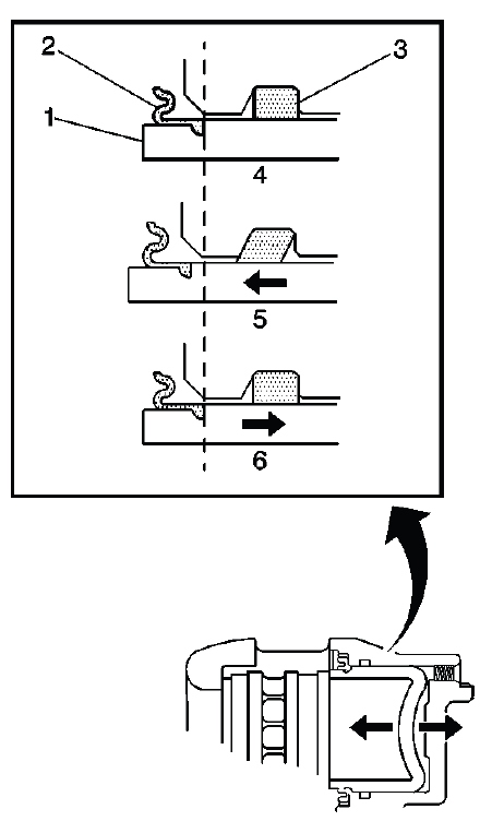 Brake caliper and pad inspection areas with piston dust boot and seal location