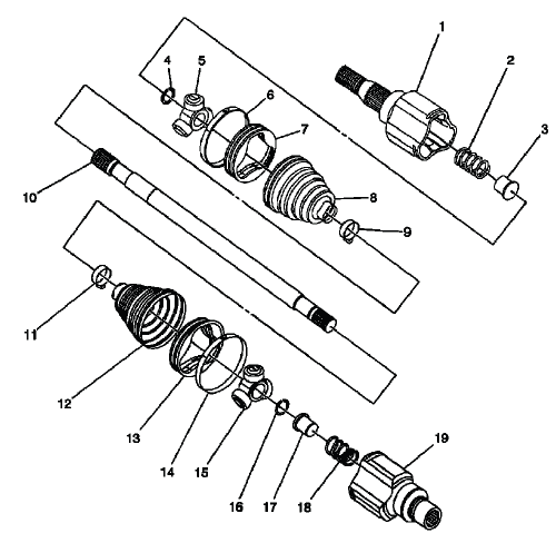 Buick Enclave rear wheel drive shaft disassembled components