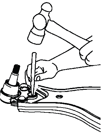 Removing lower control arm ball joint rivets with punch and hammer